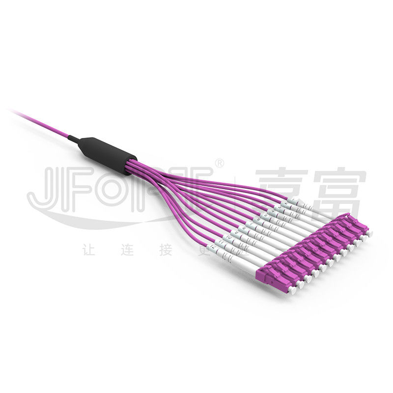 مینی کابل 12 هسته ای کابل فیبر نوری با اتصالات LC UPC چند حالته OM4 بنفش شاخه 0.5 متری